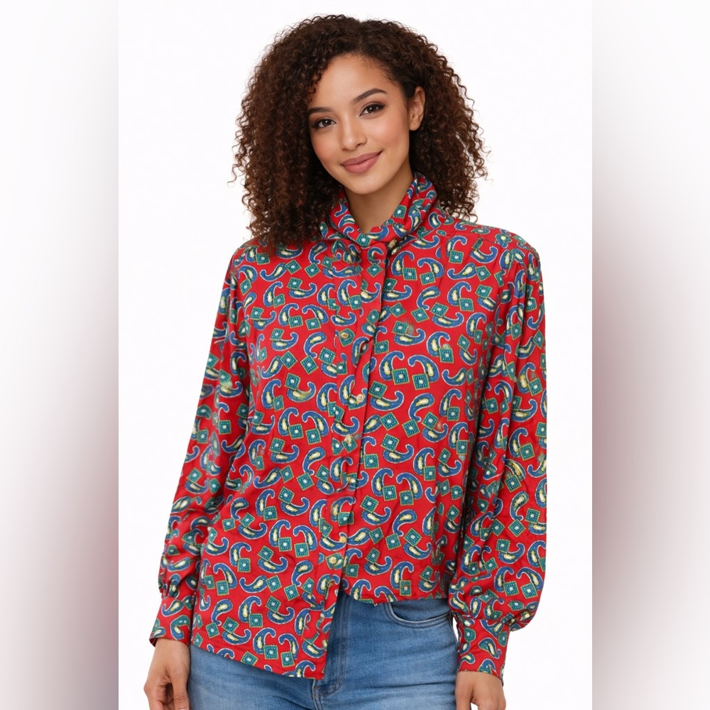 Vintage 90s Chaus Petites Blouse Red Paisley Print Button Front Secretary